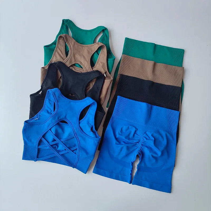 2 PCS Women's Seamless Yoga Set Sexy Sport Bra High Waist Sports Shorts.