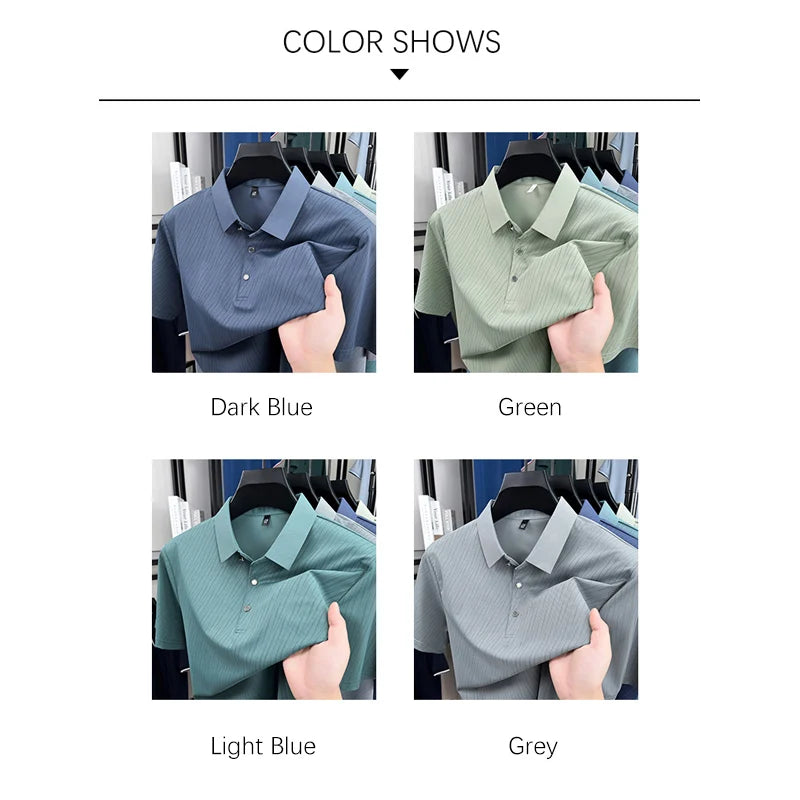 Summer Man Polo Shirts Luxury Short Sleeve Ice Silk Cool Soft.