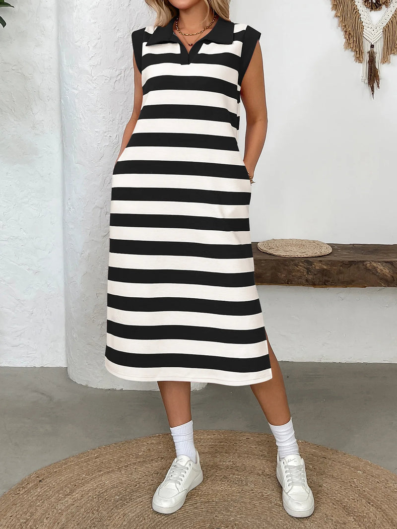 Women's Striped Pocket Lapel Sleeveless Long Dress Fashion.