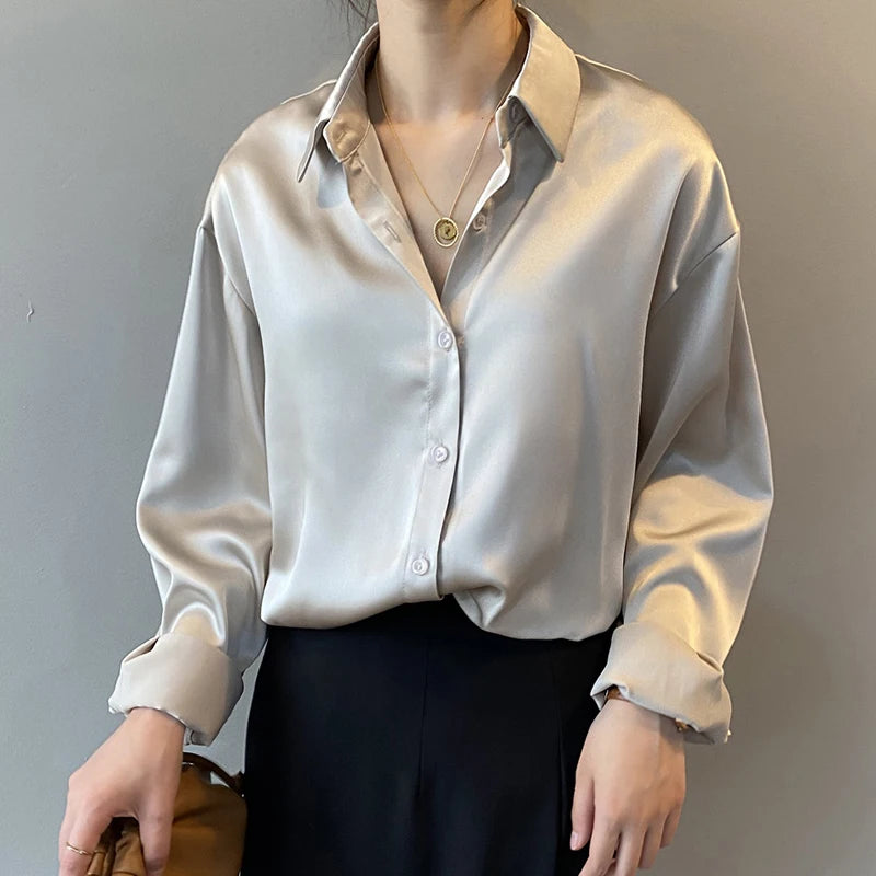 Elegant Satin Loose Women Shirt Spring Turn-down Collar Ladies Blouse.