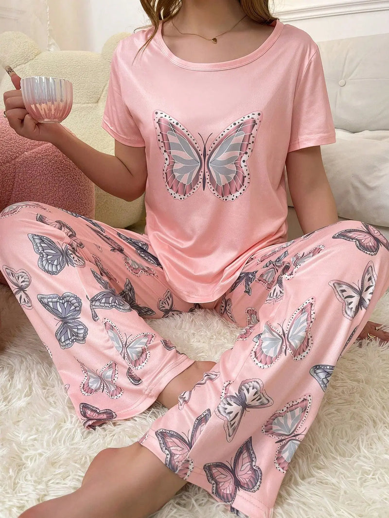Women's Butterfly Print Pajamas Set Short Sleeve Top And Trousers 2 Piece.