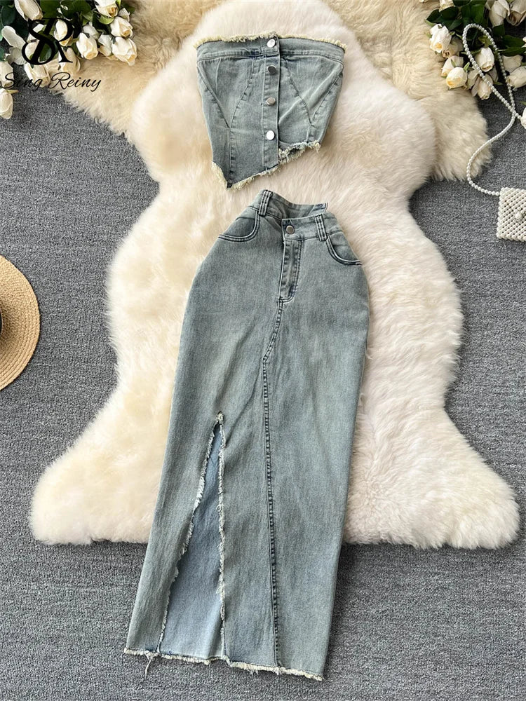 SINGREINY Streetwear Irregular Design Denim Two-piece Set Strapless Button.