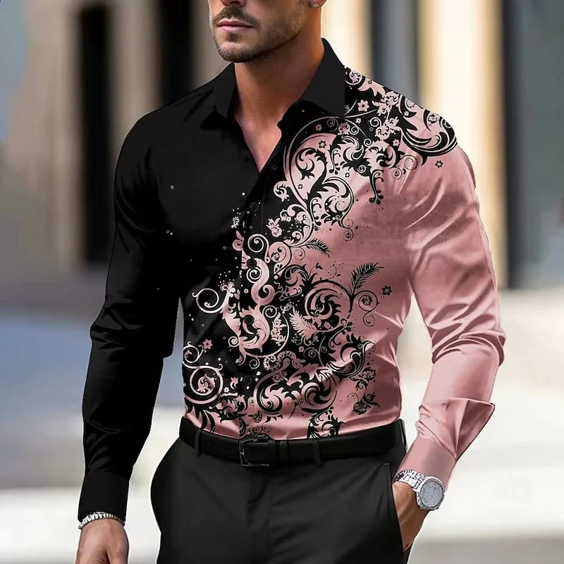 Men's Stylish Red Floral Print Dress Shirt - Casual Long Sleeve Button-Up.