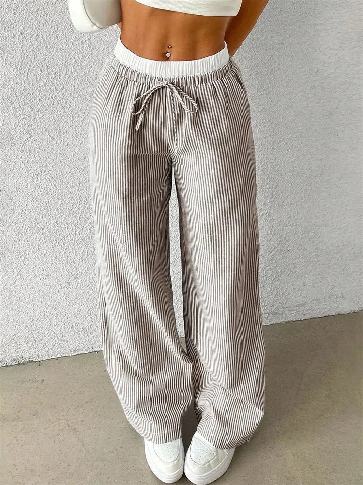 Women's Casual Striped Woven Wide Leg Pants Fall Winter.