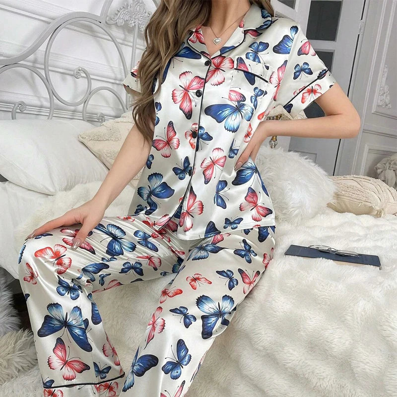 Cute Cat Print Pajama for Women Satin Long Sleeve Lapel Collar Tops & Pants Pyjama.