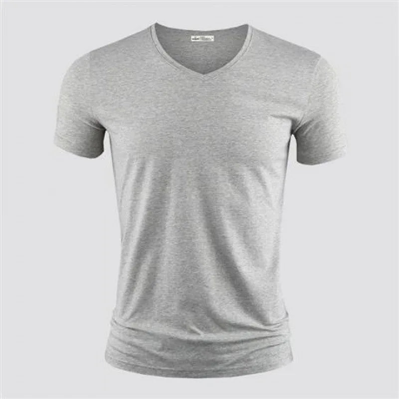 Men's T Shirt Pure Color V Collar Short Sleeved Tops Tees Men T-Shirt Black Tights.