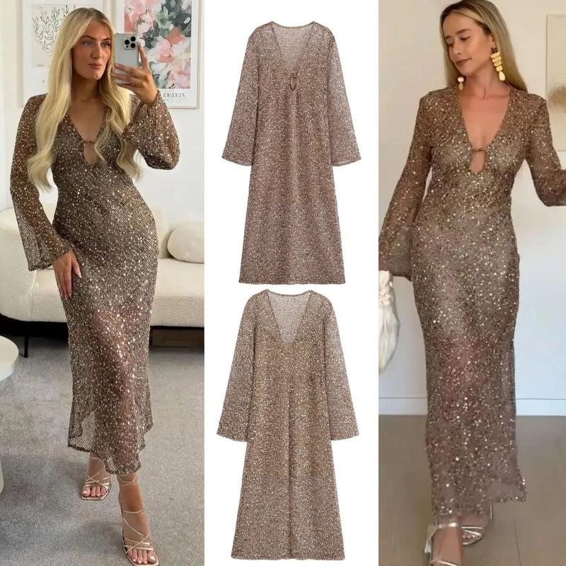 Women’s Spring Dress V-Neck Hollow Out Mid Waist Long Sleeve.