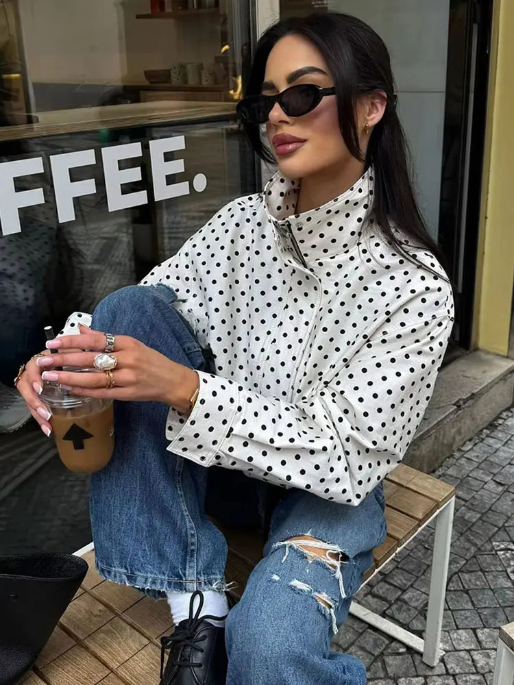 Polka Dot Shorts Sets For Women Trend Outfits Long Sleeve Zipper Turtleneck Jacket Coat Spring Woman Elegant 2 Piece.