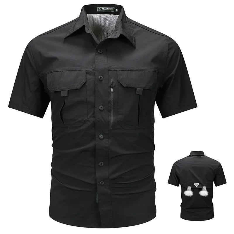 Men's short sleeved shirt, ice silk quick drying lapel workwear.