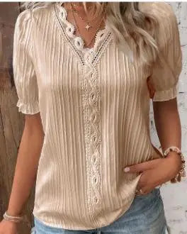 Elegant Women Blouse Shirt V Neck Lace Patchwork Short Sleeve Shirts.
