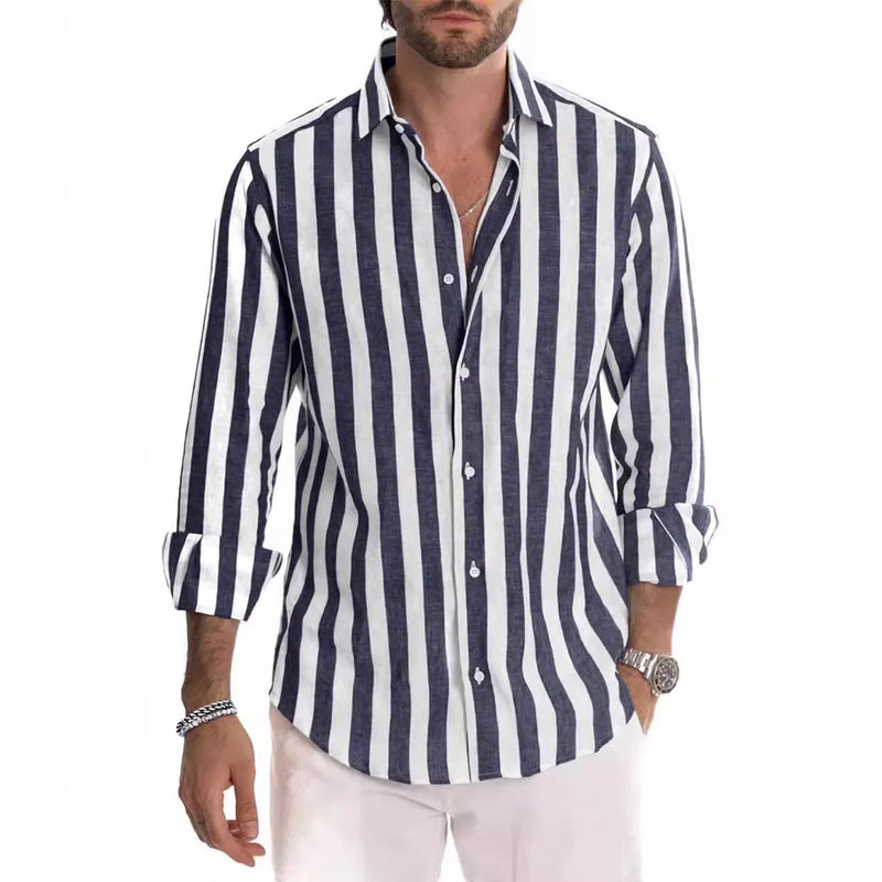 Men Striped Blouse Shirts Summer Spring Turn Down Collar Long Sleeve.