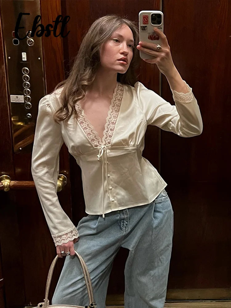 Solid Lace Splicing T-shirt Summer Female Chic Bow Lace-up V Neck.