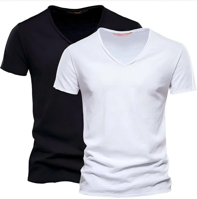 Spring Summer Cotton T Shirts Men Simple VNeck Stretch.