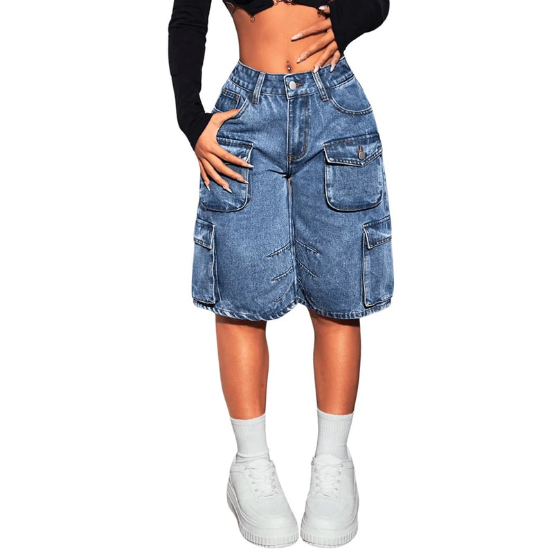 Fashion Pockets Women Acid Wash Cargo Denim Shorts.