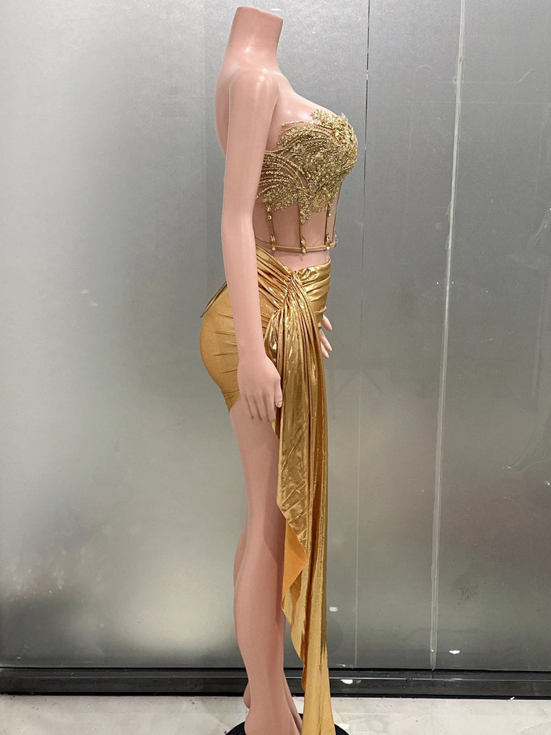 Gold Color Women Sexy 2 Pieces Strapless Bodycon Mini Dress.