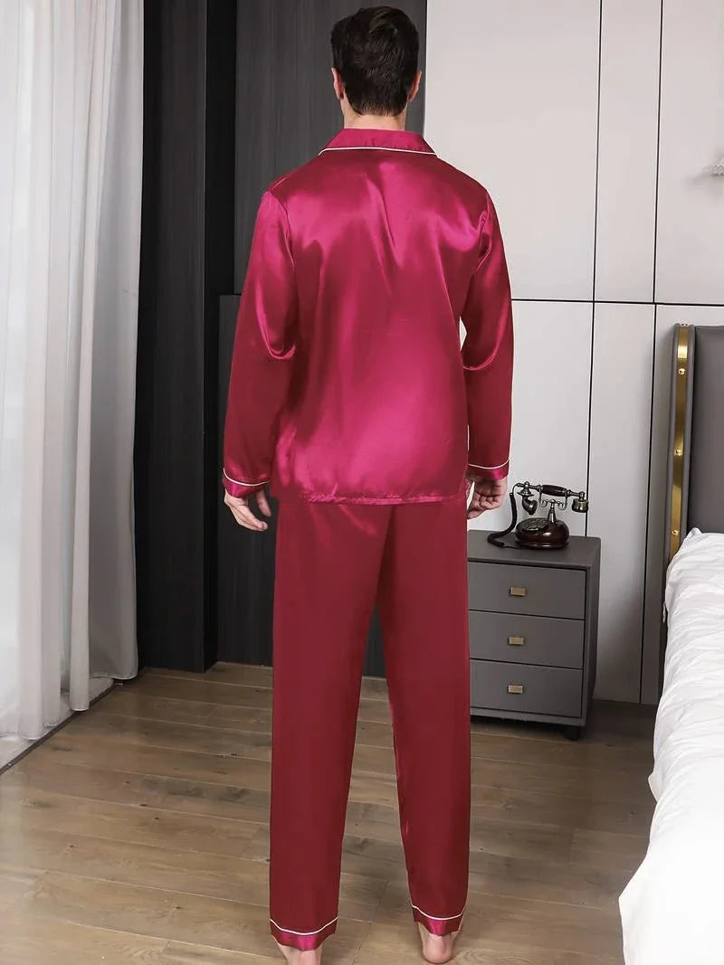 Men's Satin Pajama Set For Men Long Sleeve Button-down Top.