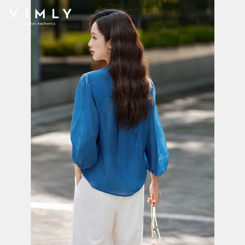 VIMLY Elegant Women Shirt Spring Autumn Chinese Style Lantern Sleeve.