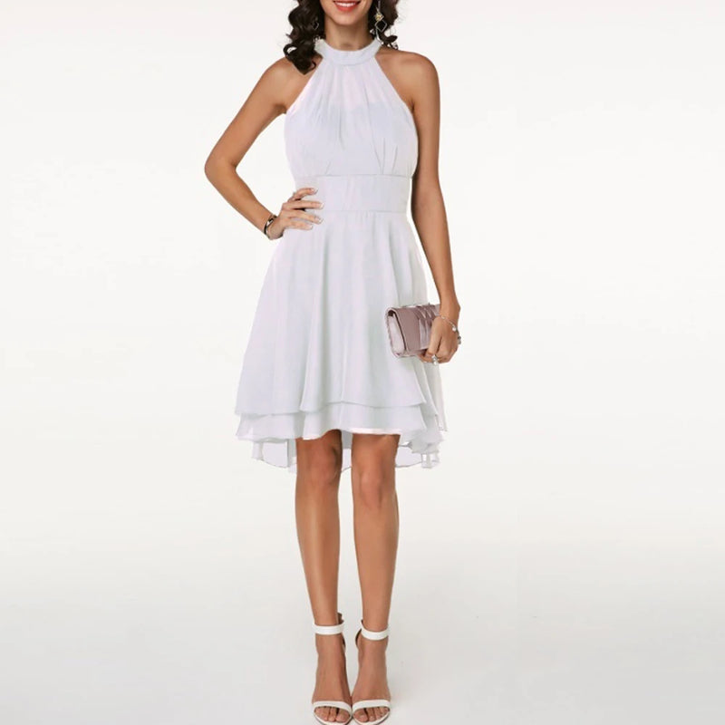 Women’s Elegant Dress Summer Solid High Waist Halter Sleeveless Midi Dresses.