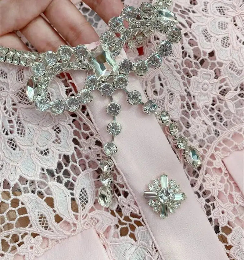 Women’s Lace Midi Dress Diamonds Bow Pink Floral Crystal Short Sleeve.