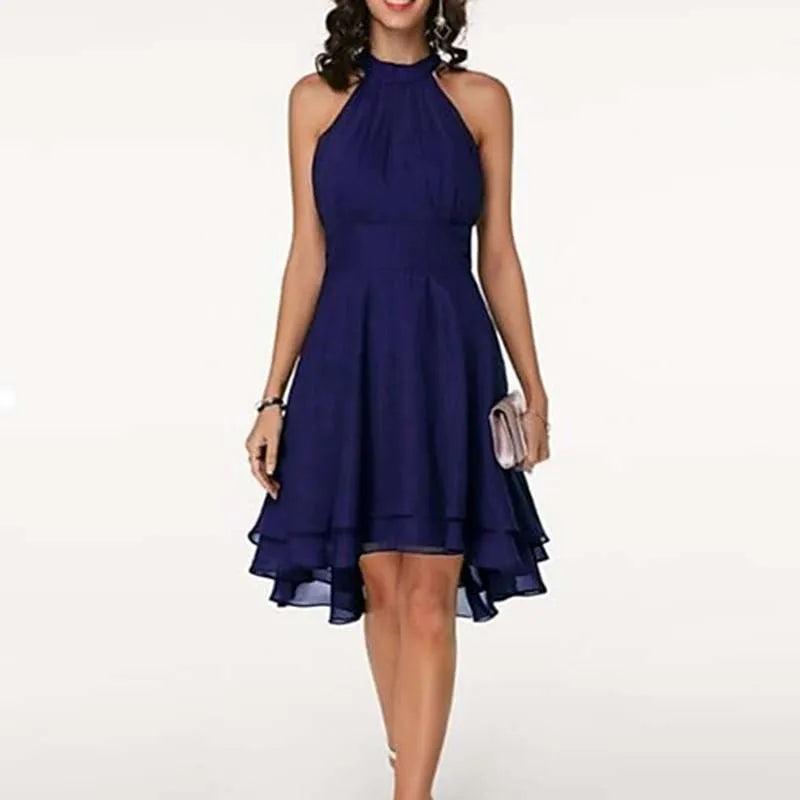 Women’s Elegant Dress Summer Solid High Waist Halter Sleeveless Midi Dresses.
