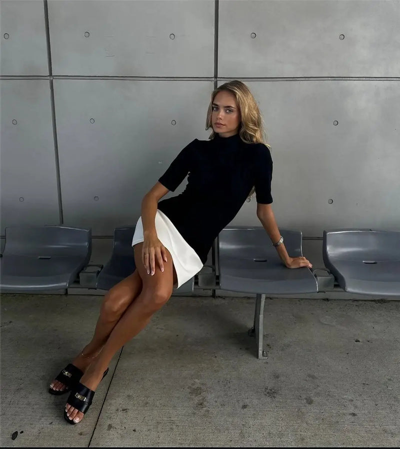 Talenza Elegant Contrast Color Mini Dress Women's Sexy High Neck Short.