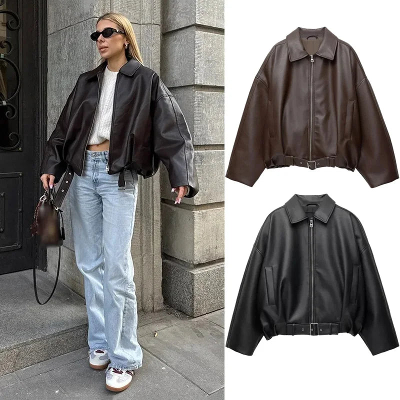 Vintage PU Leather Bomber Jackets Autumn Ladies Zipper Lapel Long Sleeve.