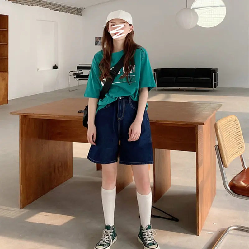 Shorts Women Denim Loose Summer Straight Korean Ins High Waist.