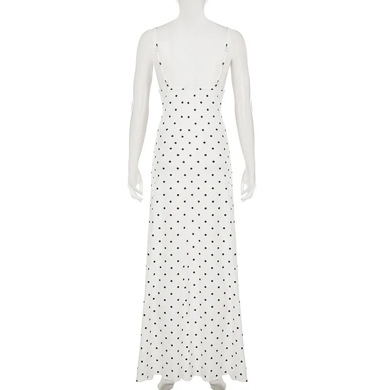 Women's Elegant Retro V-Neck Polka Dot Sleeveless Dress.