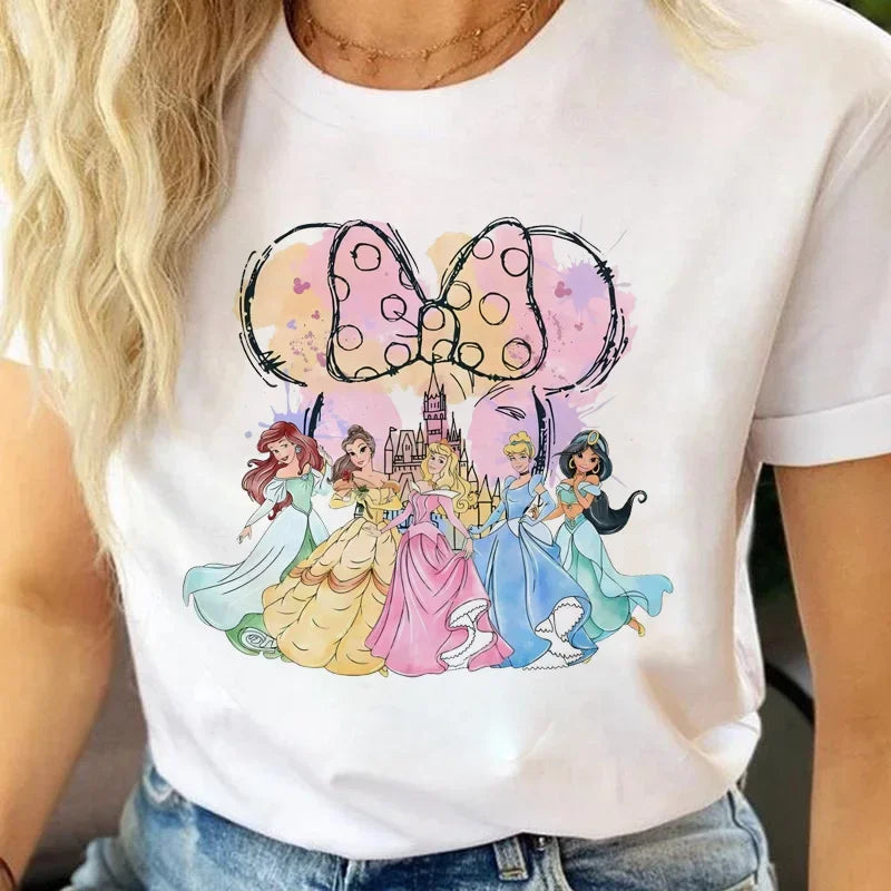 Fashion Disney Princess Printed T Shirt Watercolor Magic Castle Princess Women.