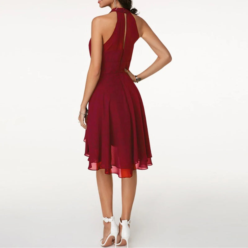 Women’s Elegant Dress Summer Solid High Waist Halter Sleeveless Midi Dresses.