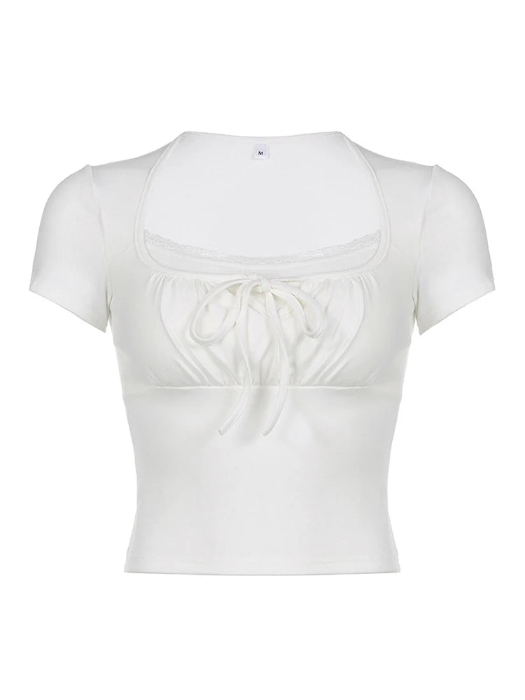 Casual White Knitted Lac Patched Female T-shirts.