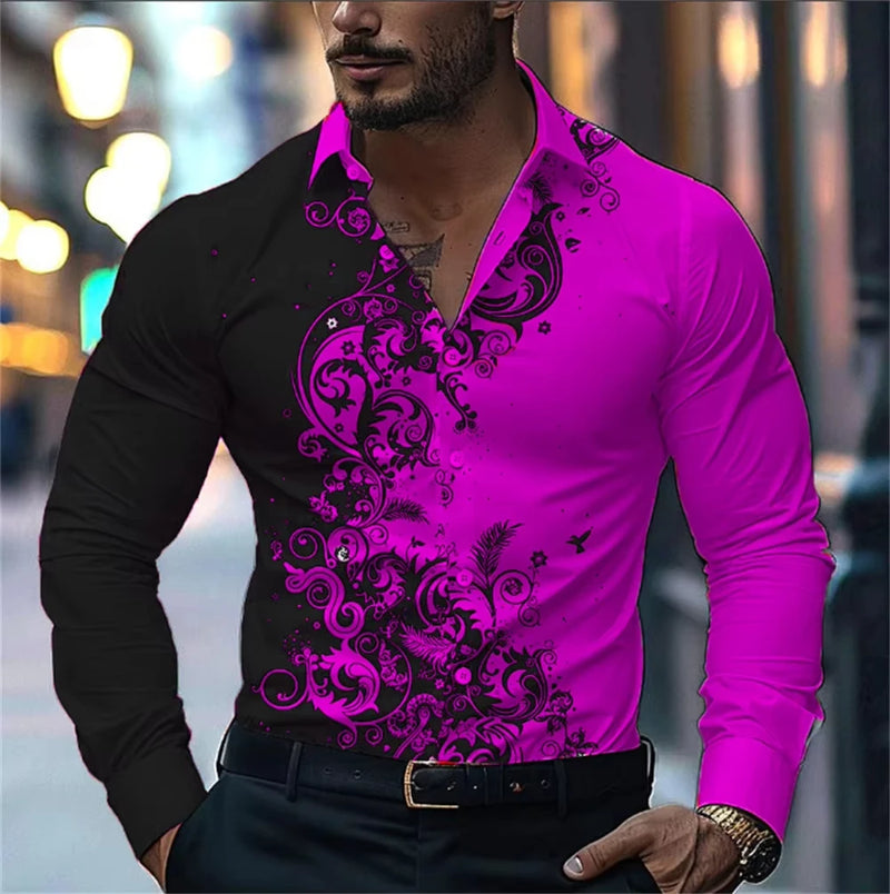 Men's Stylish Red Floral Print Dress Shirt - Casual Long Sleeve Button-Up.