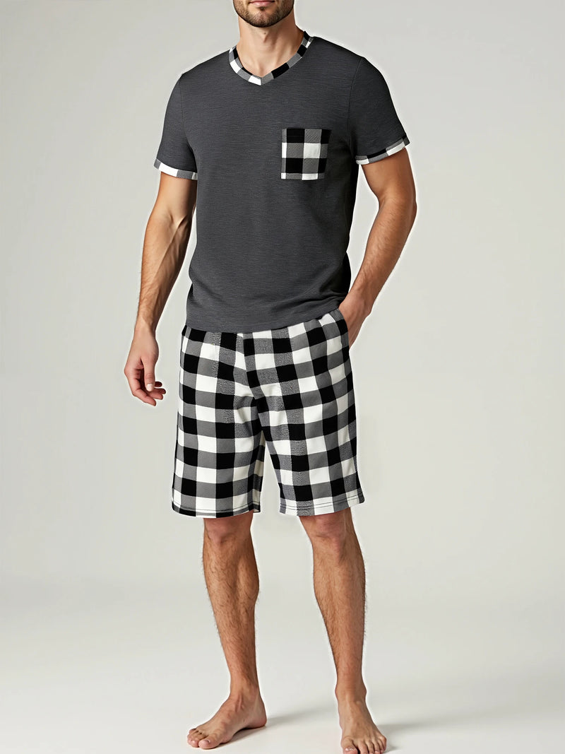 Mens Pajama Sets Short Sleeve Plaid Pajamas.