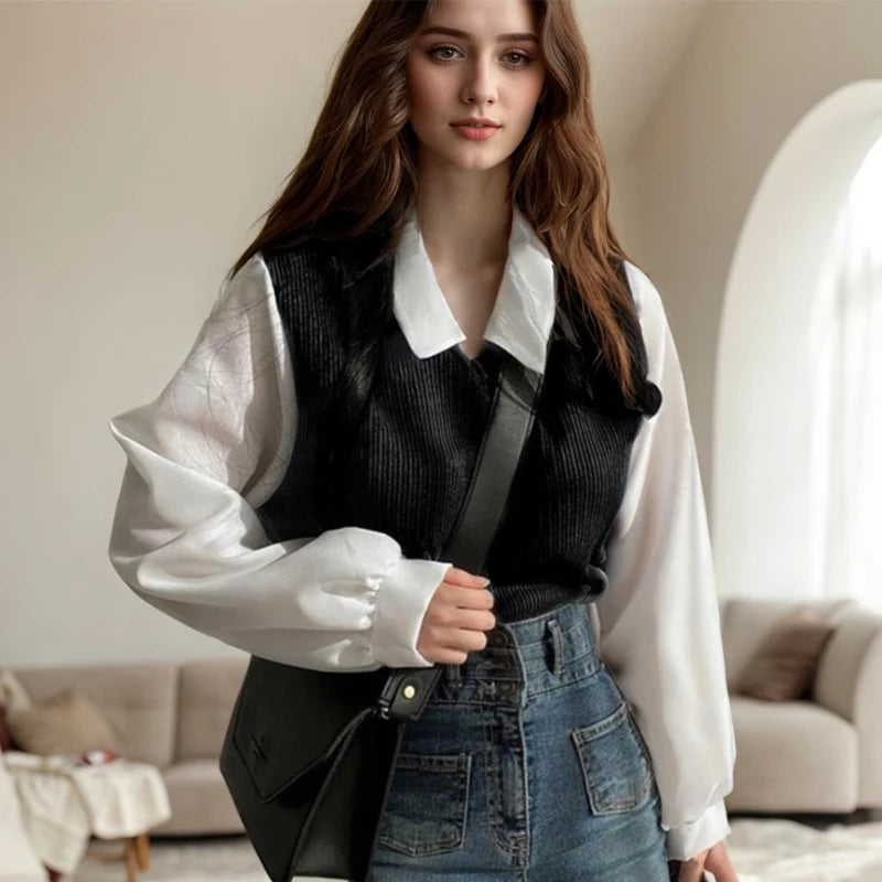 Streetwear Loose Pullovers Top Shirt Casual False Two-piece Patchwork.
