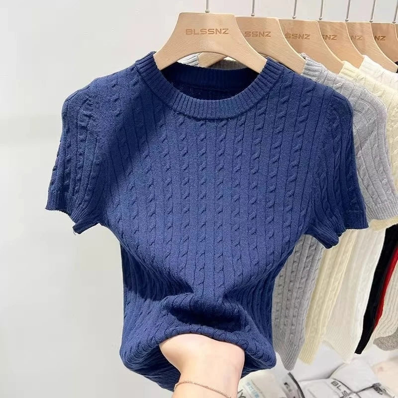 Summer Trendy Solid Color Versatile Tee Apricot O-Neck Women's Short Sleeve.