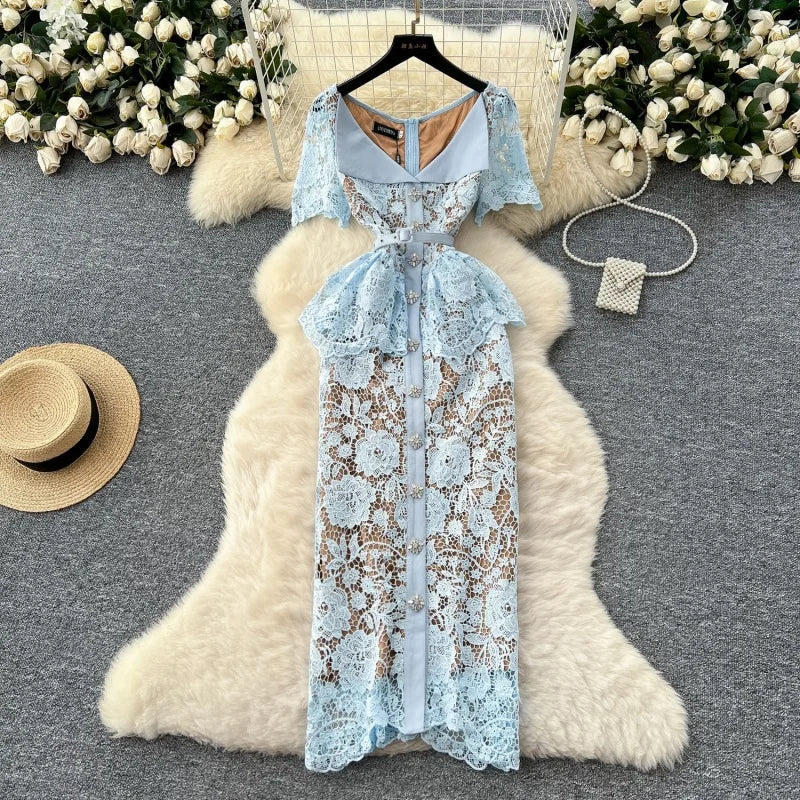 Women’s Elegant Hook Floral Hollow Lace Dress.