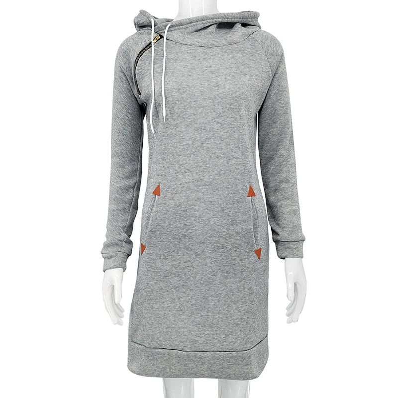 Women‘s Knee-Length Pockets Dress Hooded Warm Sweat Shirt.