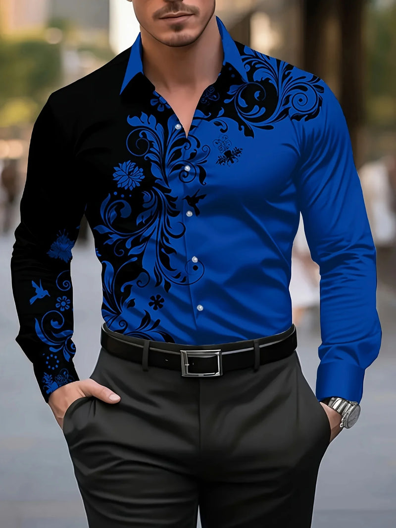 Men's Stylish Red Floral Print Dress Shirt - Casual Long Sleeve Button-Up.