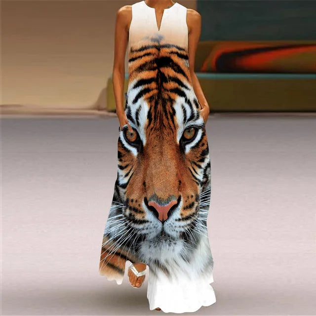 3D Floral Printed Dress Summer Vintage V-neck Sleeveless Loose Maxi Dress Elegant.