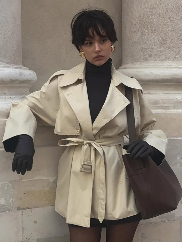 Casual Solid Lace Up Short Trench Coat Women Chic Long Sleeve.