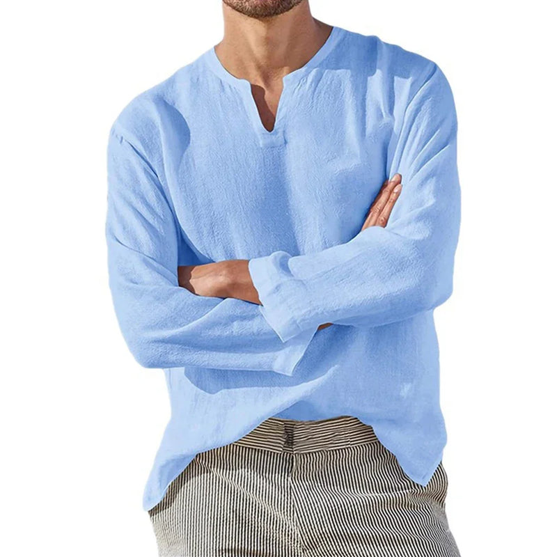 Men's Cotton Linen Shirt Cozy Solid Color Long Sleeve Breathable Tops.