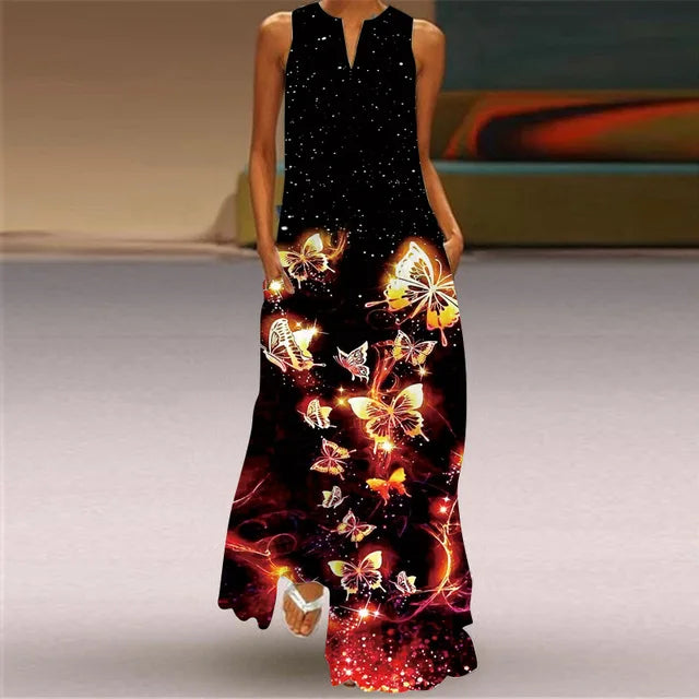 3D Floral Printed Dress Summer Vintage V-neck Sleeveless Loose Maxi Dress Elegant.