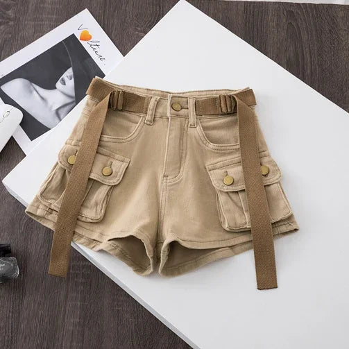 Retro Army Green Work Wear Denim Shorts  Summer Cool Girl Chic.