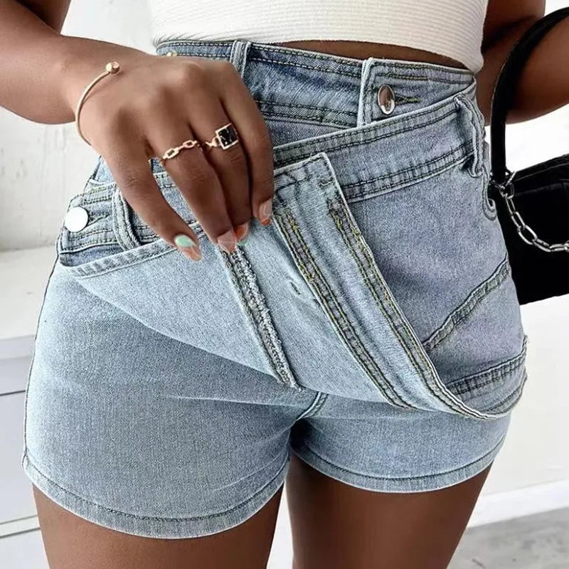 Fashion Irregular Splicing Women's Denim Shorts Summer High Waisted.