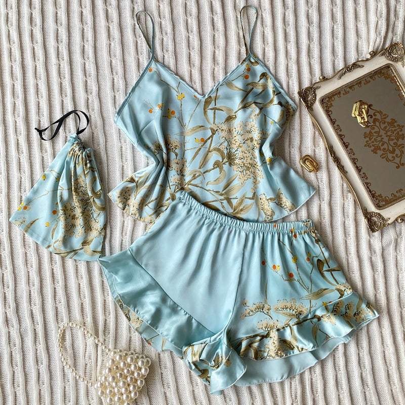 Women’s Elegant Floral Print Cami Tops Ruffle Hem Shorts Pajama Set.