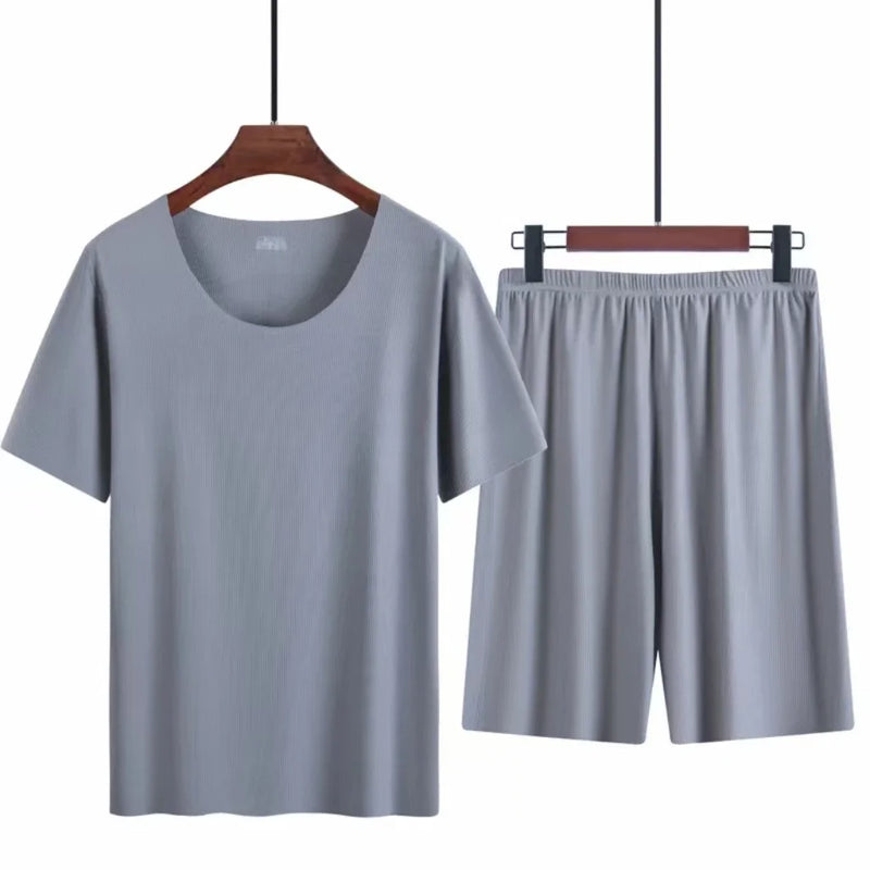 Men's two-piece ice silk pajamas Loungewear.