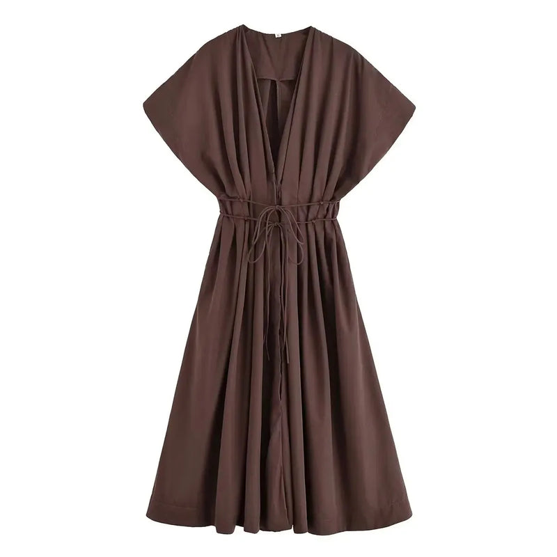 Women's New Fashion V-neck Pleated Down Shoulder Short Sleeve Midi Dress.