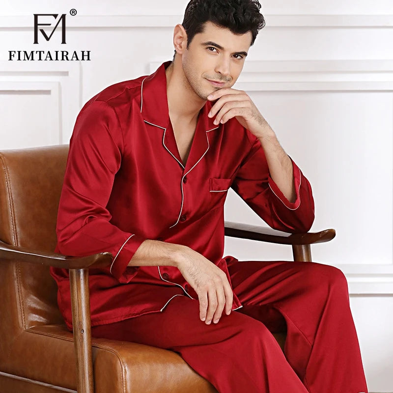 Men's Two Sets Sleepwear Summer Soft Long Sleeve  Home Wear  Mulberry Silk Pijimas.