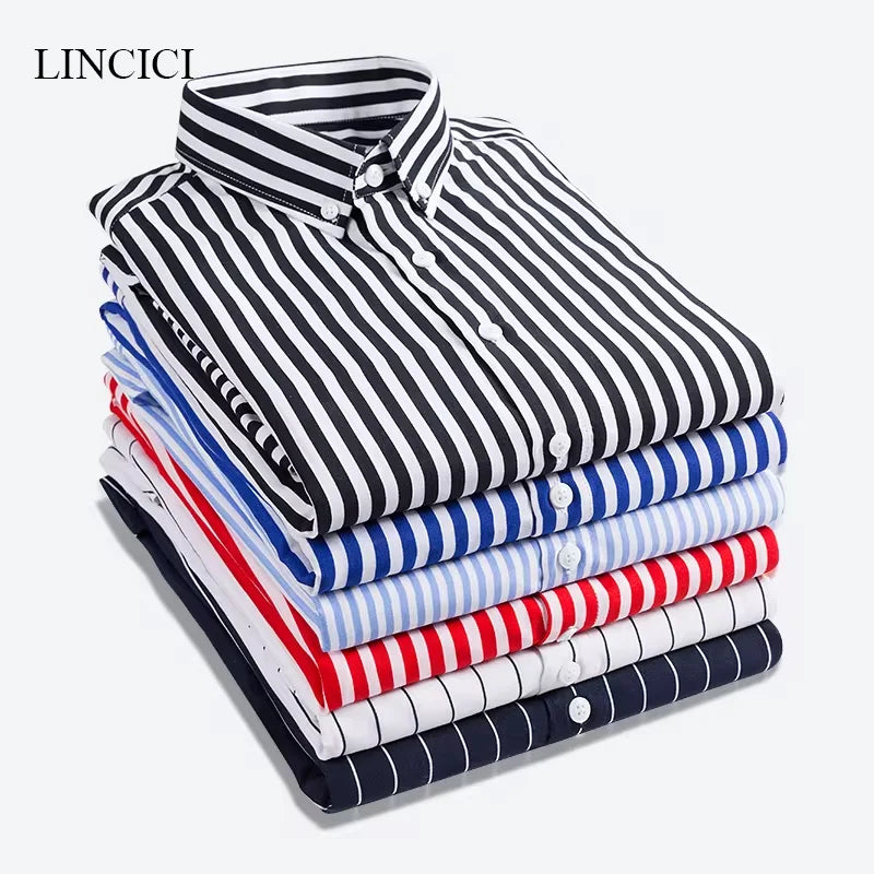 Men's Striped Shirt Solid Casual Long Sleeve Slim Fit Korean Edition Business.