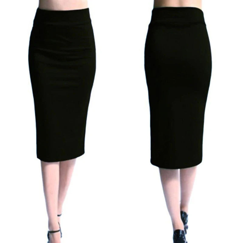 Women Pencil Skirt High Waist Mid-Calf Female Jersey Skirts.